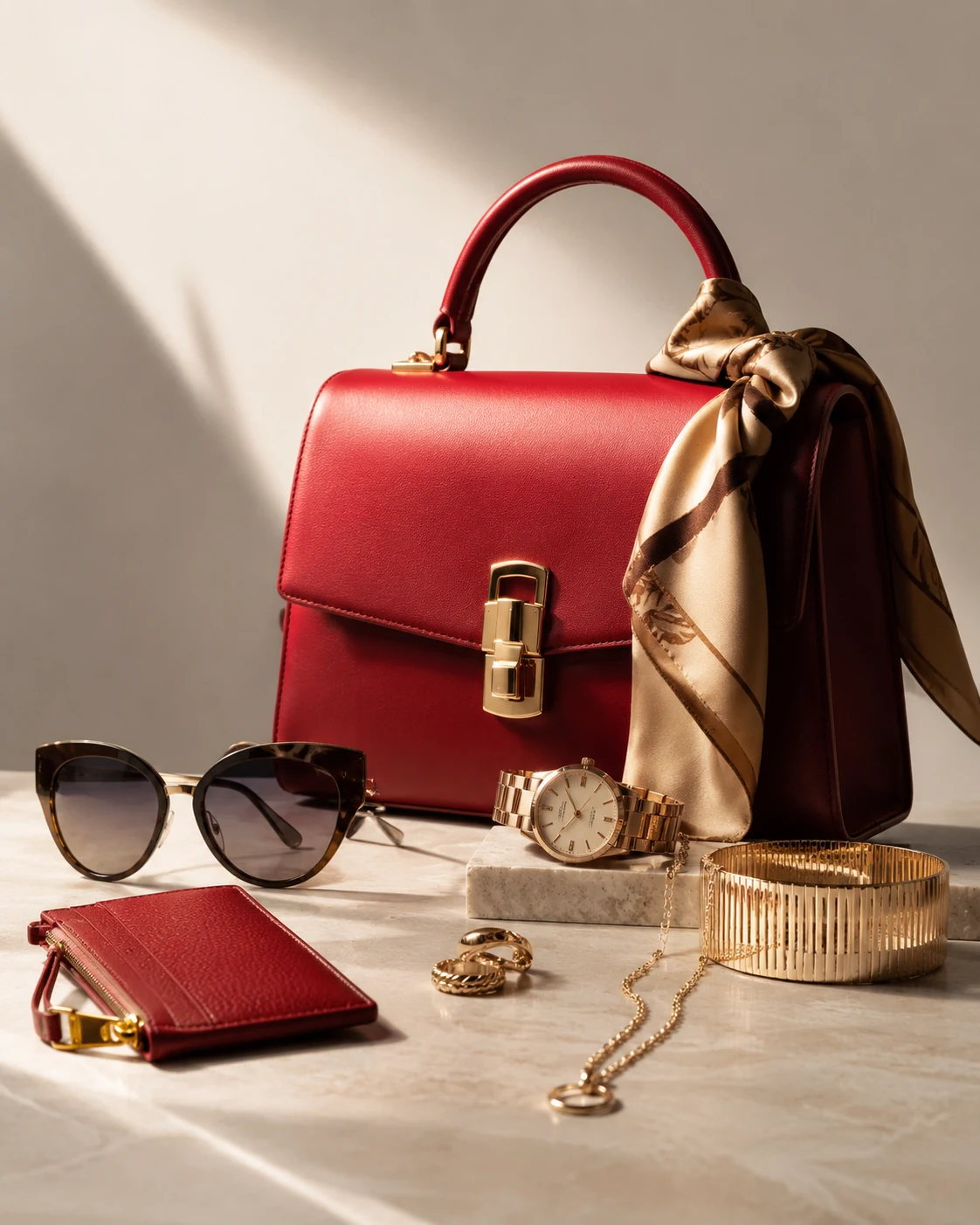 Luxe rode handtas met fashion accessoires