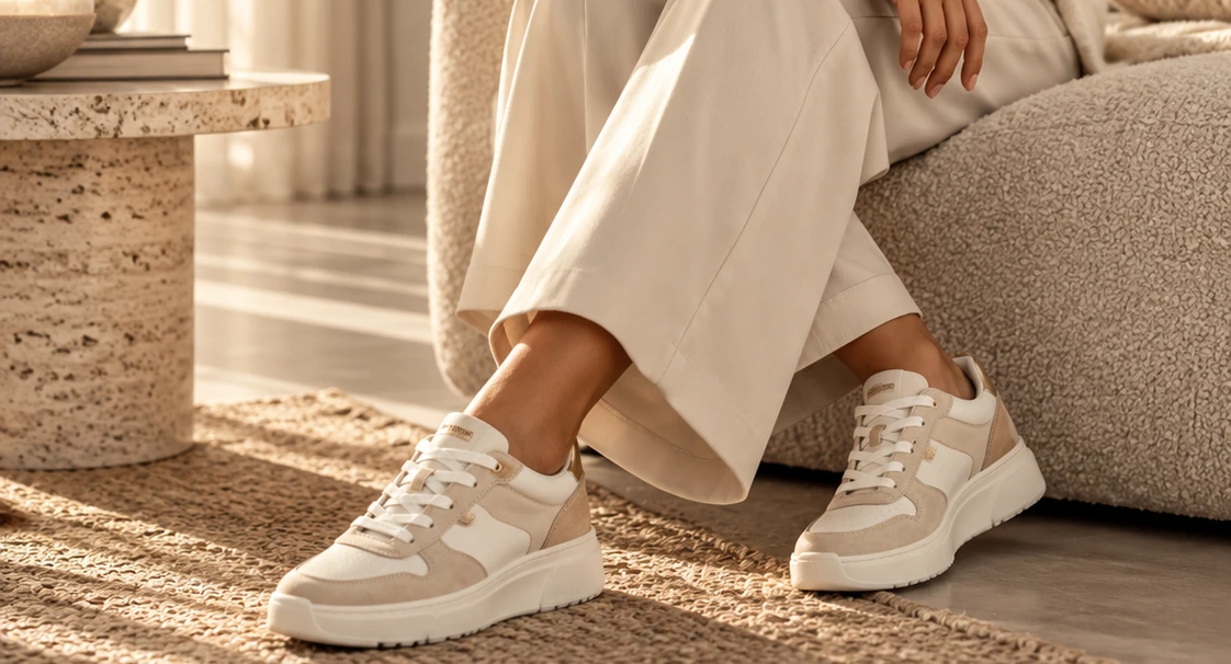 Stijlvolle vrouw in lichte mode met beige en witte sneakers in een warm interieur