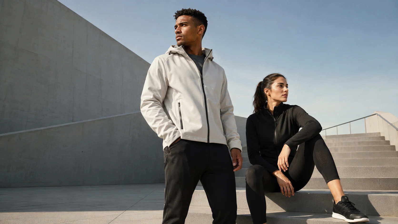 Stijlvolle man en vrouw in moderne sportieve mode bij minimalistische architectuur