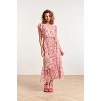 Smashed Lemon 24307 wikkelstijl maxi jurk van chiffon met fuchsia en