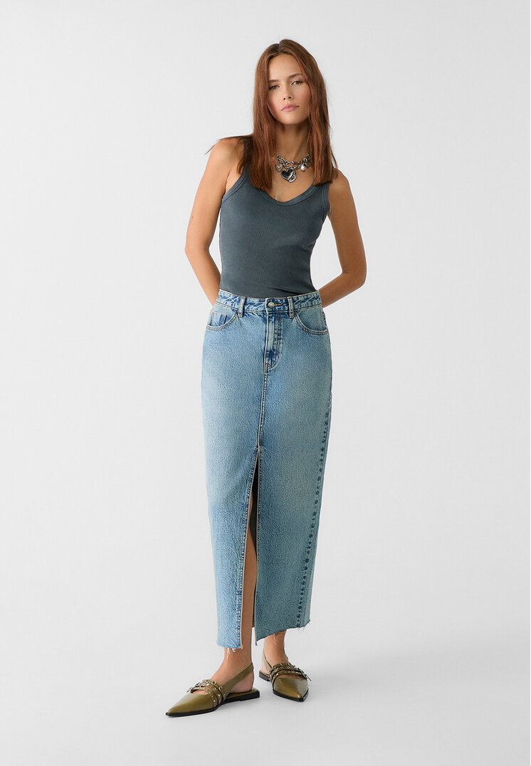 Stradivarius Lange denim comfort rok  Overdyed Denim 34