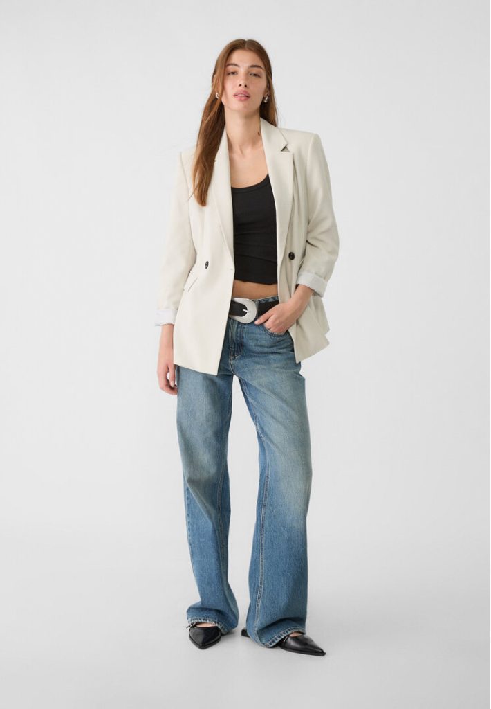 Stradivarius Slim fit double-breasted blazer  Ecru M