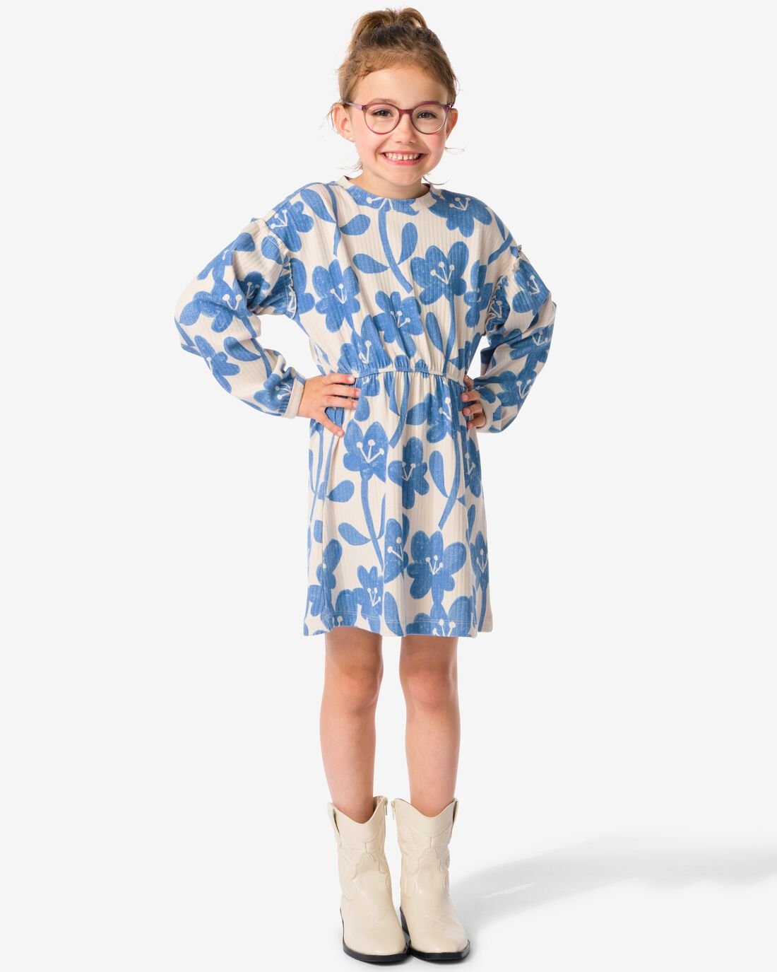 HEMA Kinderjurk Rib Bloemen Blauw (blauw)