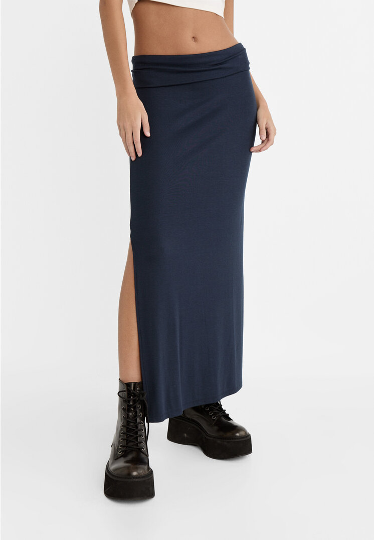 Stradivarius Lange rok met omgeslagen taille  Marineblauw XL