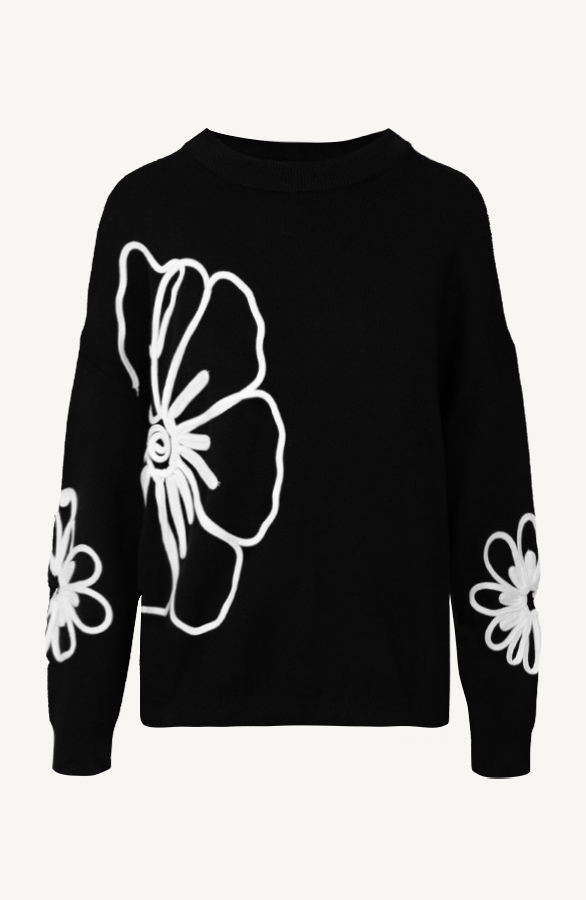 Flower Embroidery Sweater Zwart