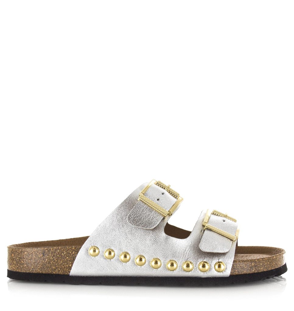 DWRS Label Dwrs malibu metallic leer | sil slippers met gesp dames