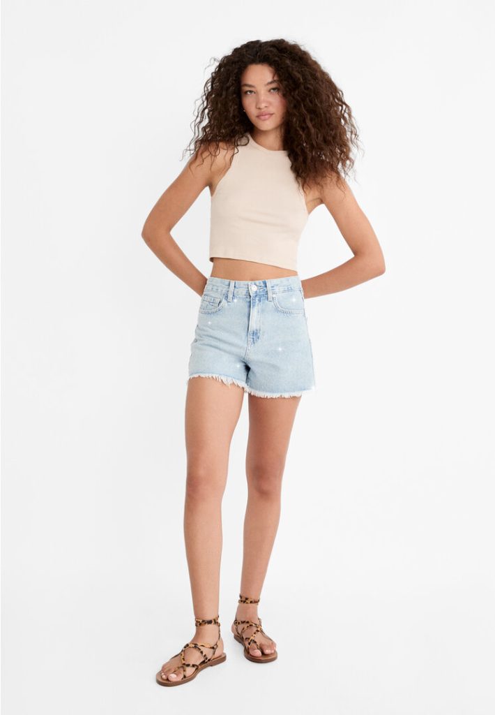 Stradivarius Denim short met steentjes  Blauwe denim 32