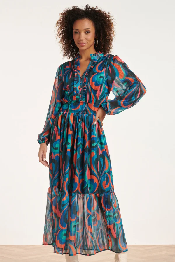 Smashed Lemon 24519 maxi-jurk met multicolor teal en oranje print