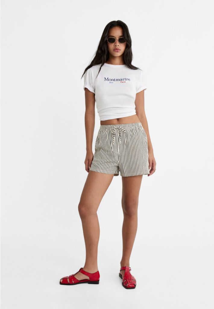 Stradivarius Gestreepte short met elastische tailleband  Zwart XS