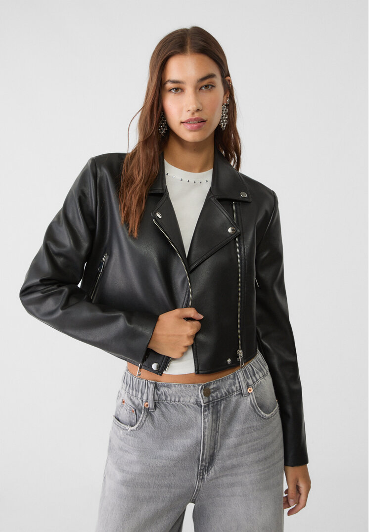 Stradivarius Cropped kunstleren bikerjack  Zwart XS