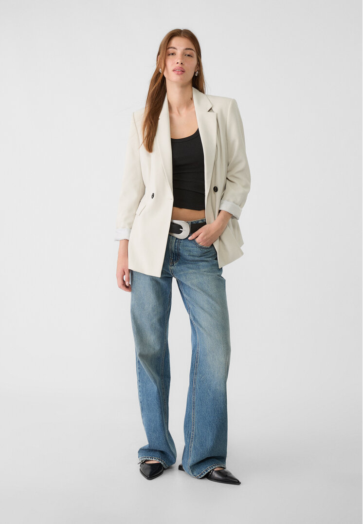 Stradivarius Slim fit double-breasted blazer  Ecru S