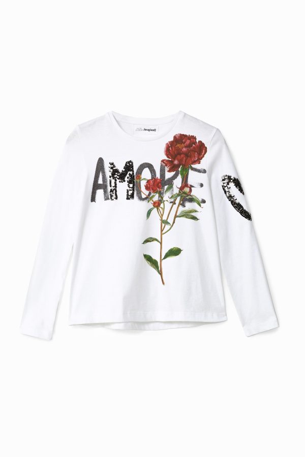 T-shirt met bloemen en pailletten - WHITE - 3/4