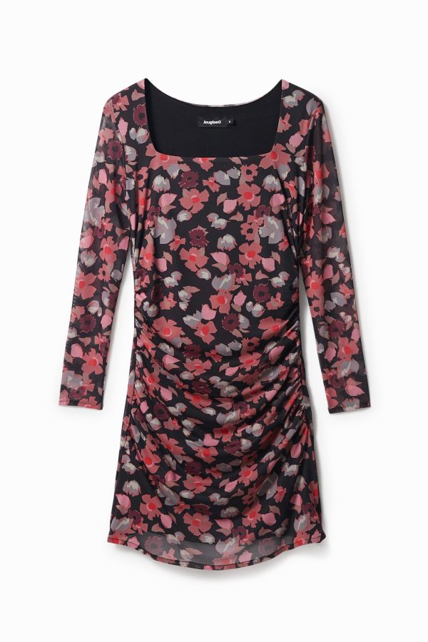 Korte slim fit jurk met bloemen - RED - XS