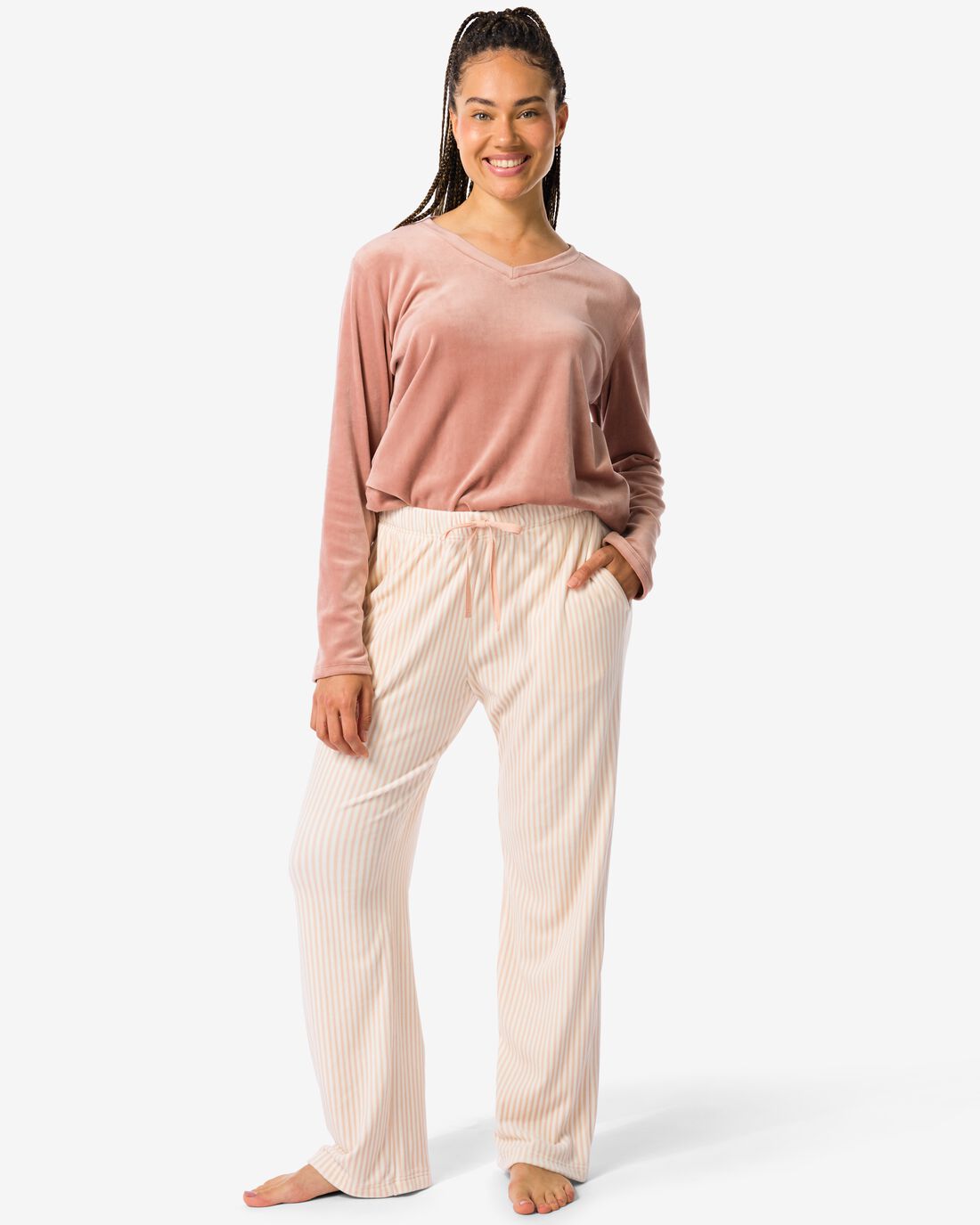 HEMA Loungebroek Fluweel Streep Creme (creme)