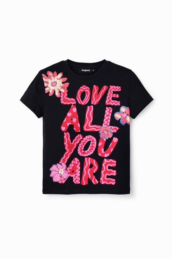 T-shirt met tekst en bloemen - BLACK - XS