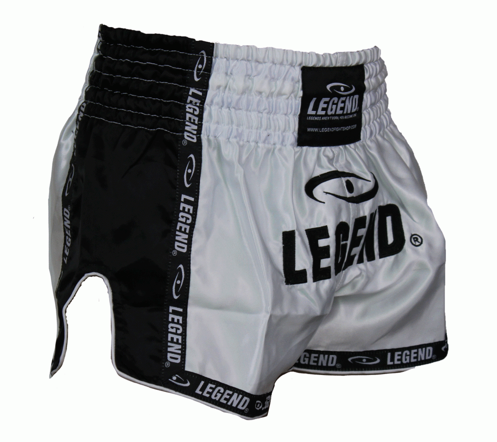 Legend Sports Kickboks broekje kids/volwassenen zwart/wit satijn