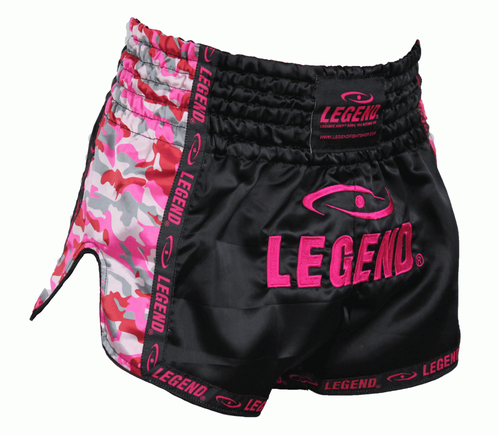 Legend Sports Kickboks broekje meisjes/dames camo roze satijn