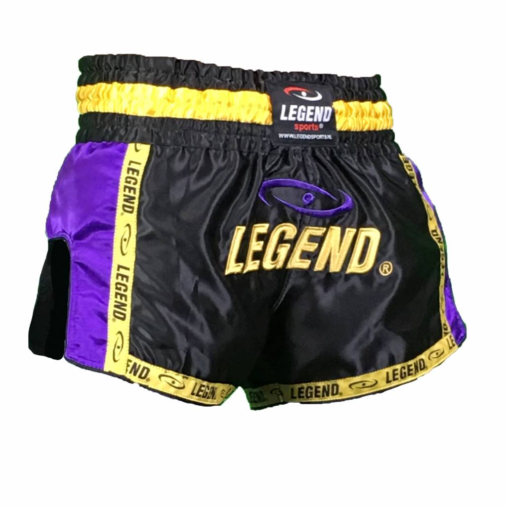 Legend Sports Kickboks broekje kids/volwassenen paars-goud polyester satijn