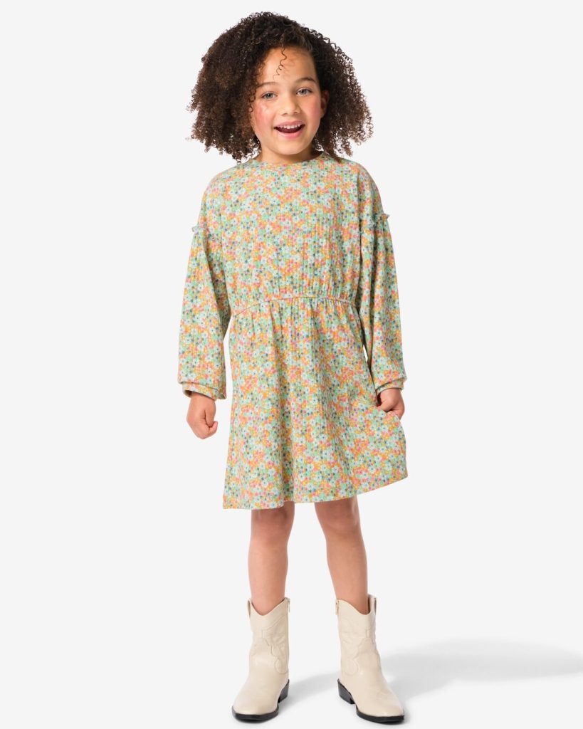 HEMA Kinderjurk Rib Bloemen Multicolor (multicolor)