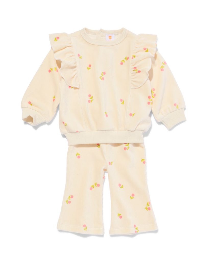 HEMA Baby Kledingset Velours Bloemen Ecru (ecru)