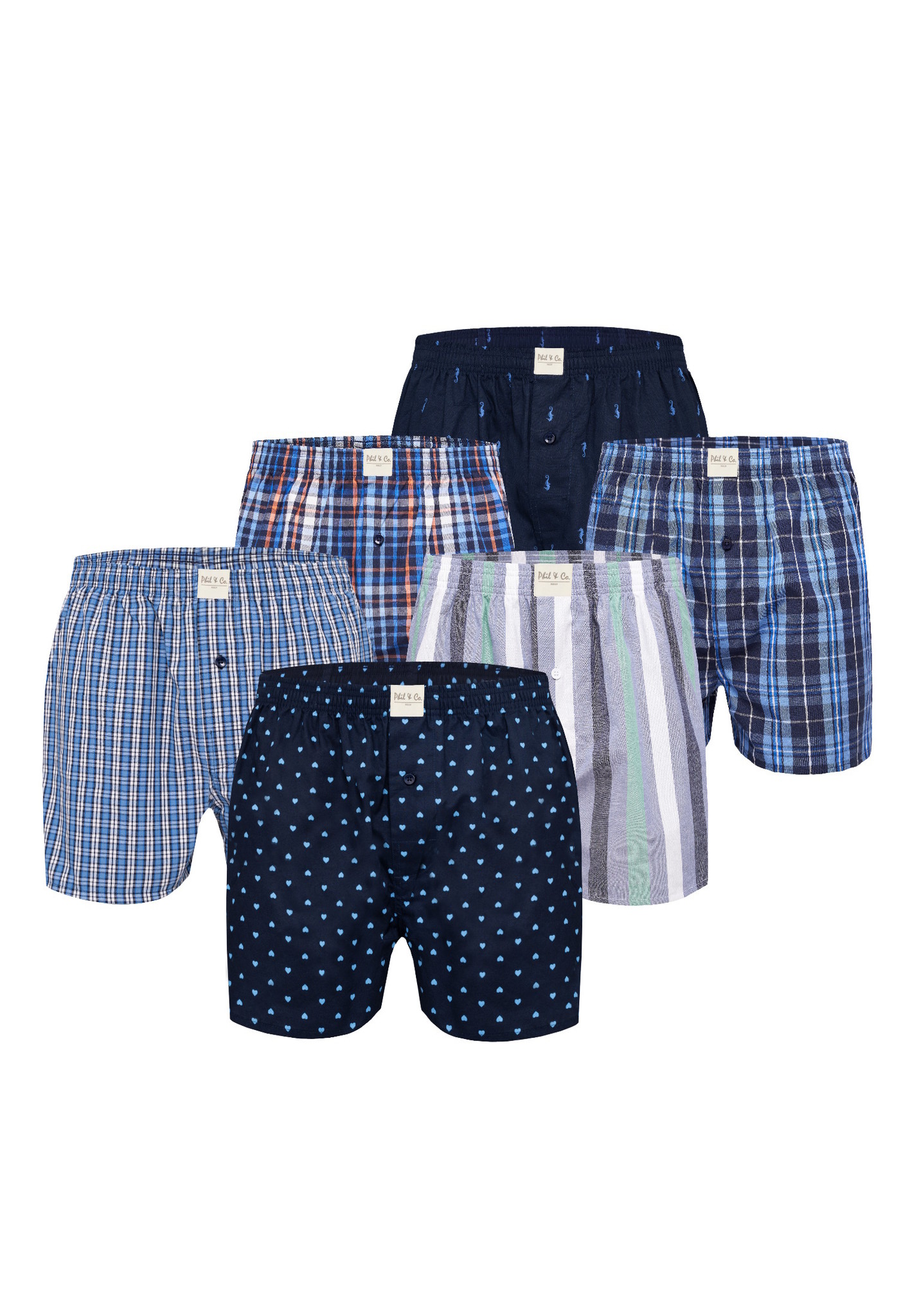 Phil & Co 6-pack wijde boxershorts heren geweven katoen multipack 6-pack