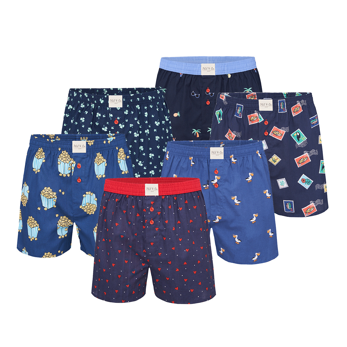 Phil & Co Geweven wijde boxershorts heren 6-pack multipack met print