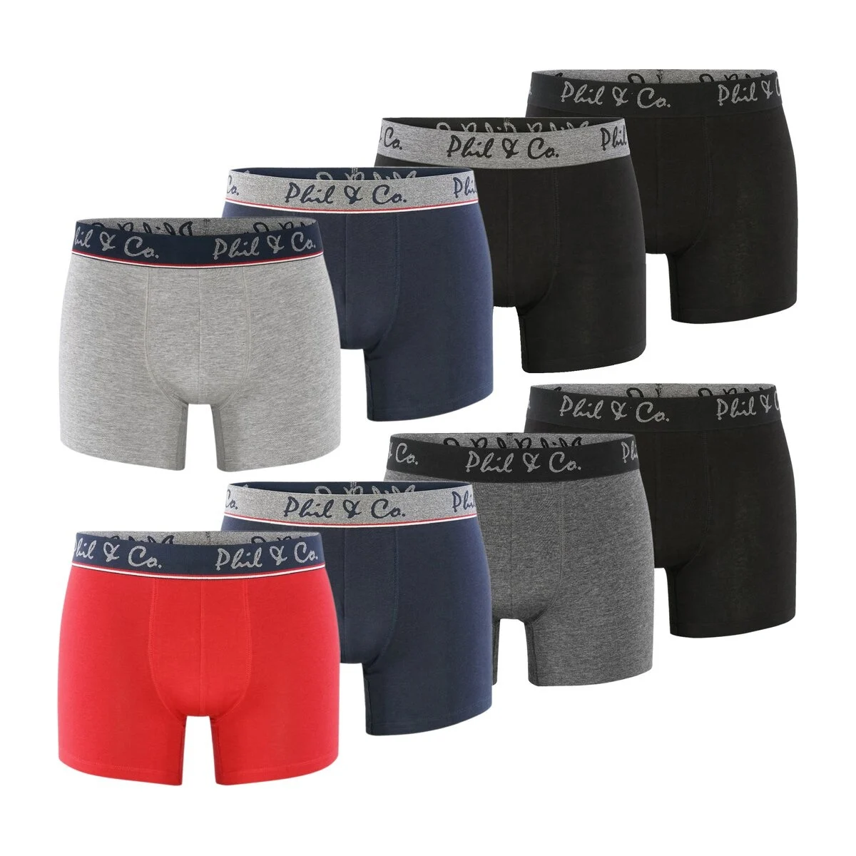 Phil & Co Boxershorts heren multipack 8-pack marine rood zwart antraciet