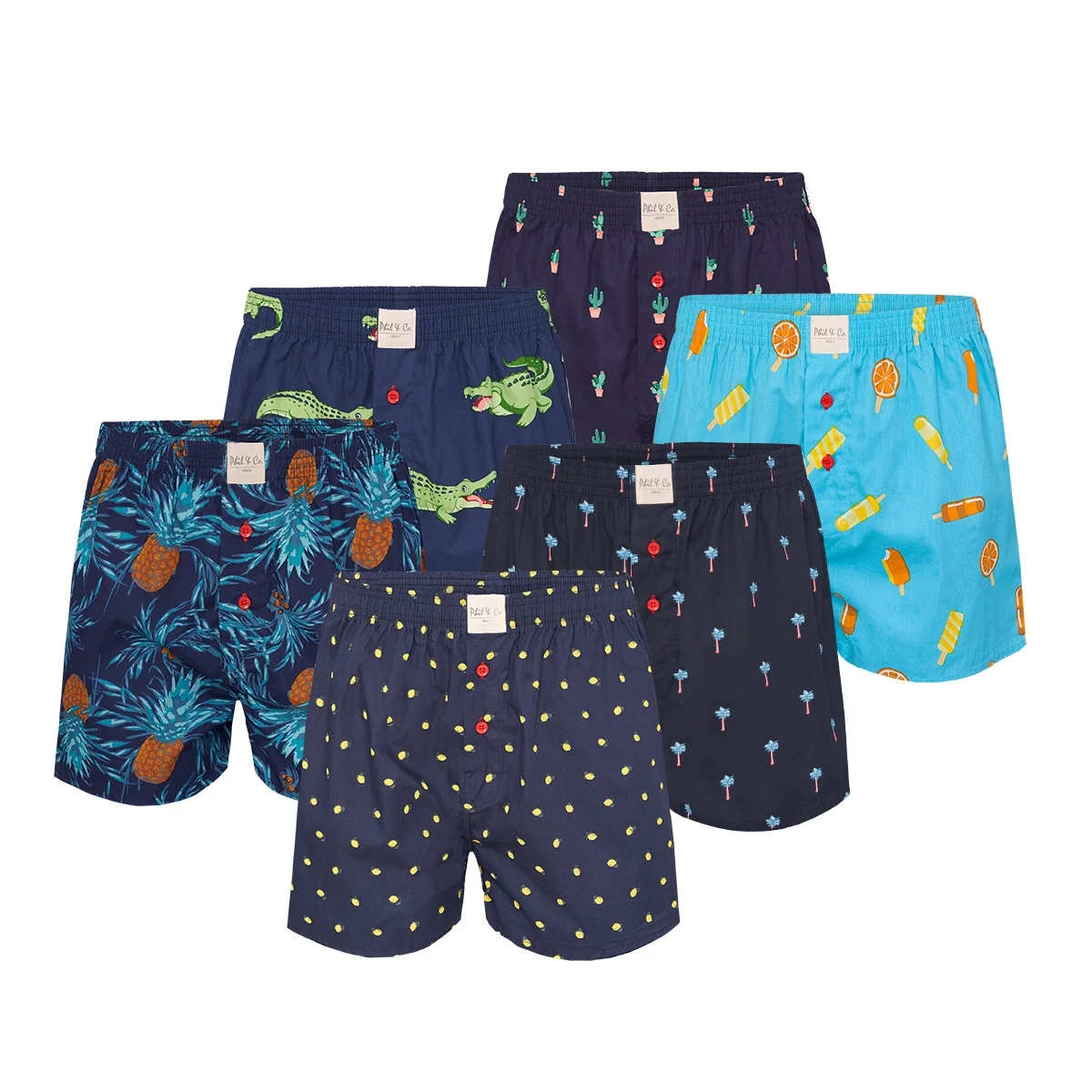 Phil & Co Geweven wijde boxershorts heren 6-pack multipack met print