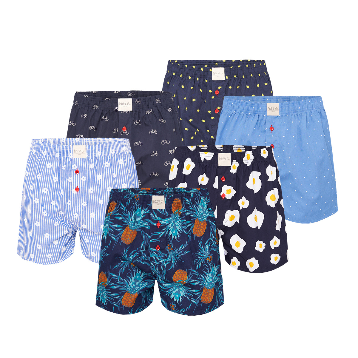 Phil & Co Geweven wijde boxershorts heren 6-pack multipack met print