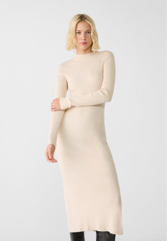 Stradivarius Tricot midi-jurk met opstaande kraag  Steen S