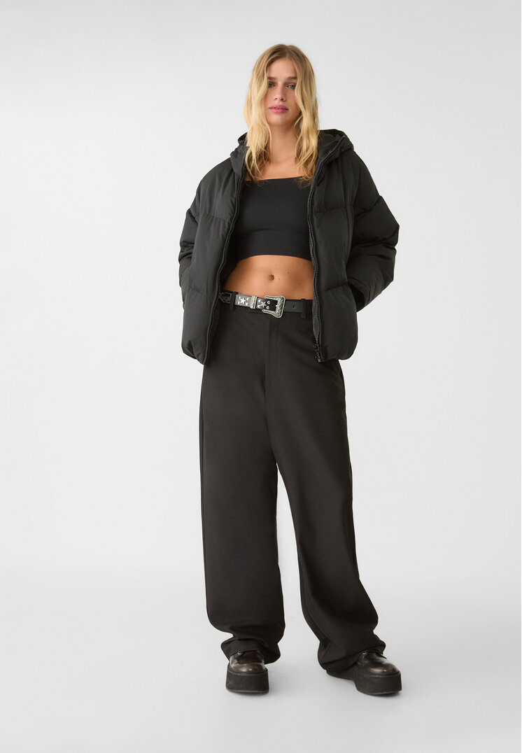 Stradivarius Oversized puffy jack met capuchon  Zwart S