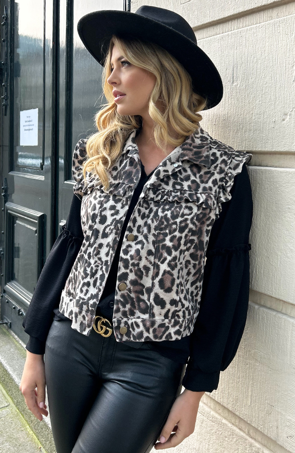 Ruffle Denim Gilet Leopard