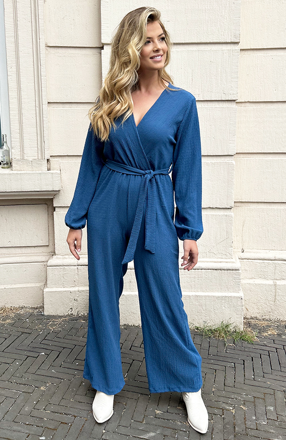 Smocked Jumpsuit V-hals Jeans Blue