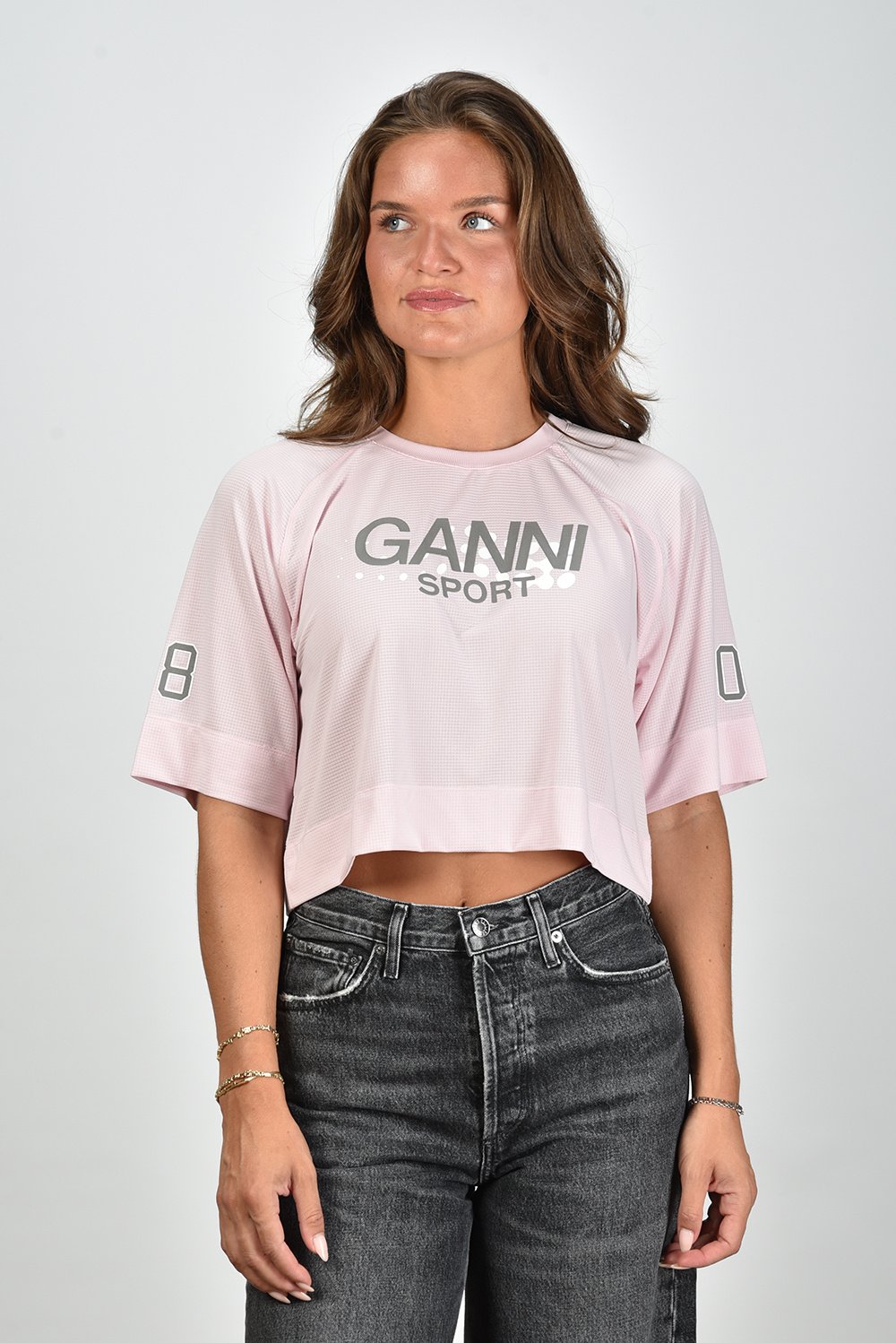 Ganni cropped t-shirt met print roze