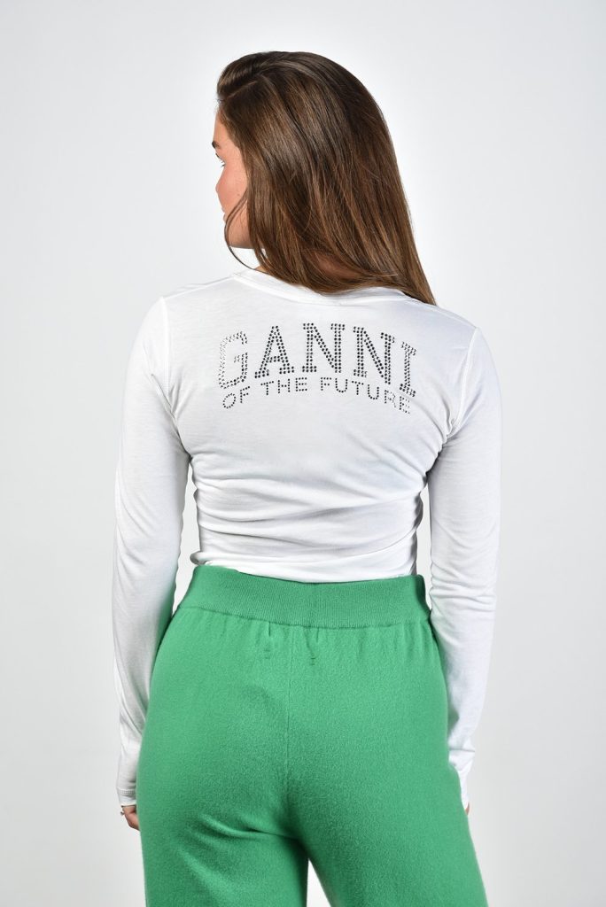 Ganni t-shirt lange mouw slim fit met rhinestone wit