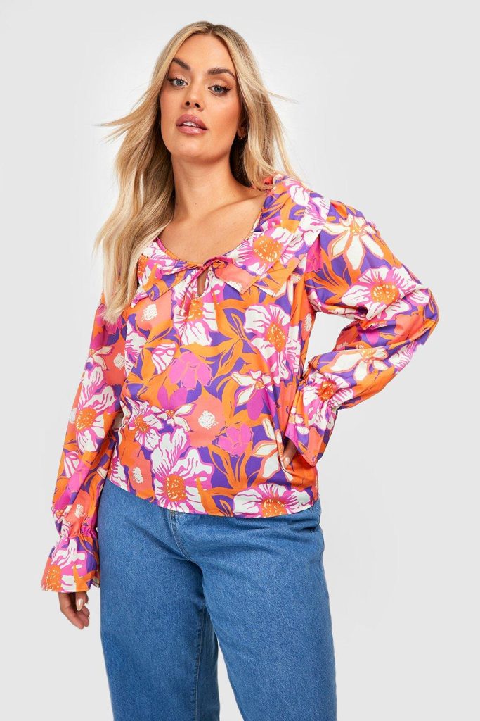 Plus Bloemen Blouse Met Ruches