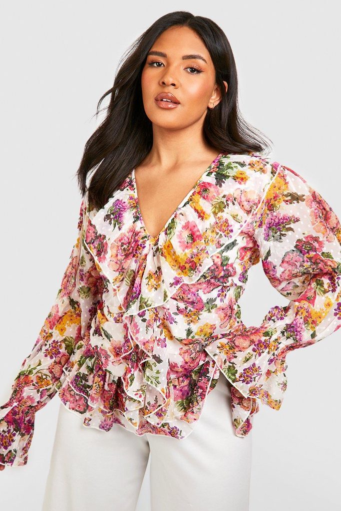 Plus Dobby Mesh Bloemen Blouse Met Ruches