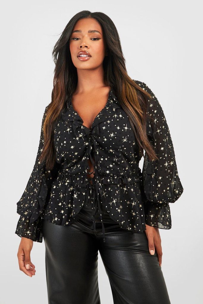 Plus Gouden Gevlekte Blouse Met Ruches