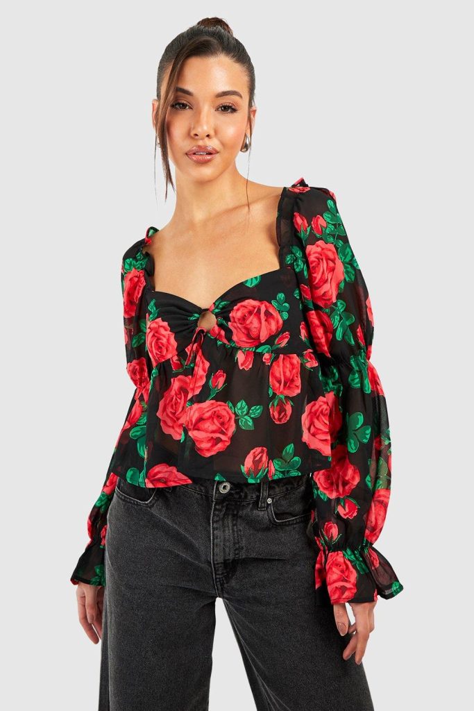 Geweven Rozenprint Blouse