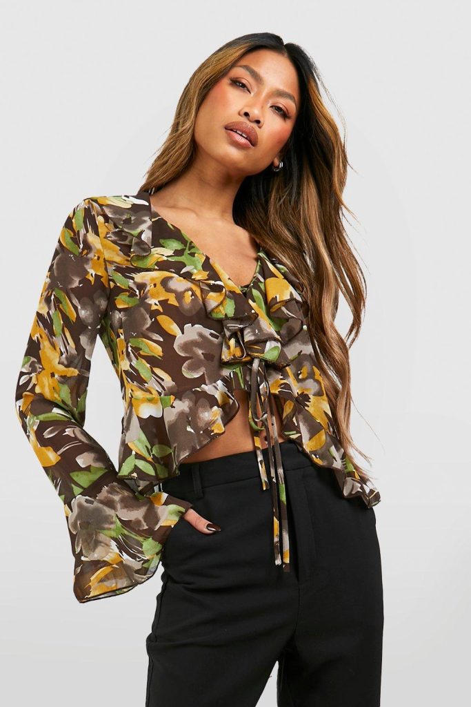 Chiffon Bloemenprint Blouse Met Ruches