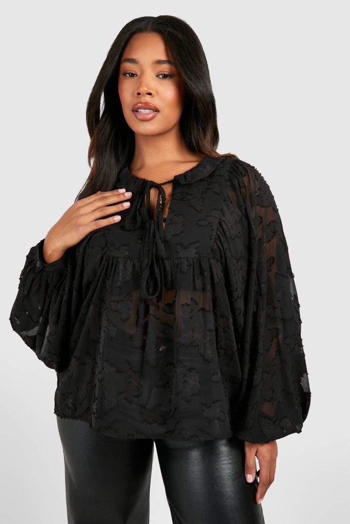 Plus Burnout Mesh Blouse Met Strik