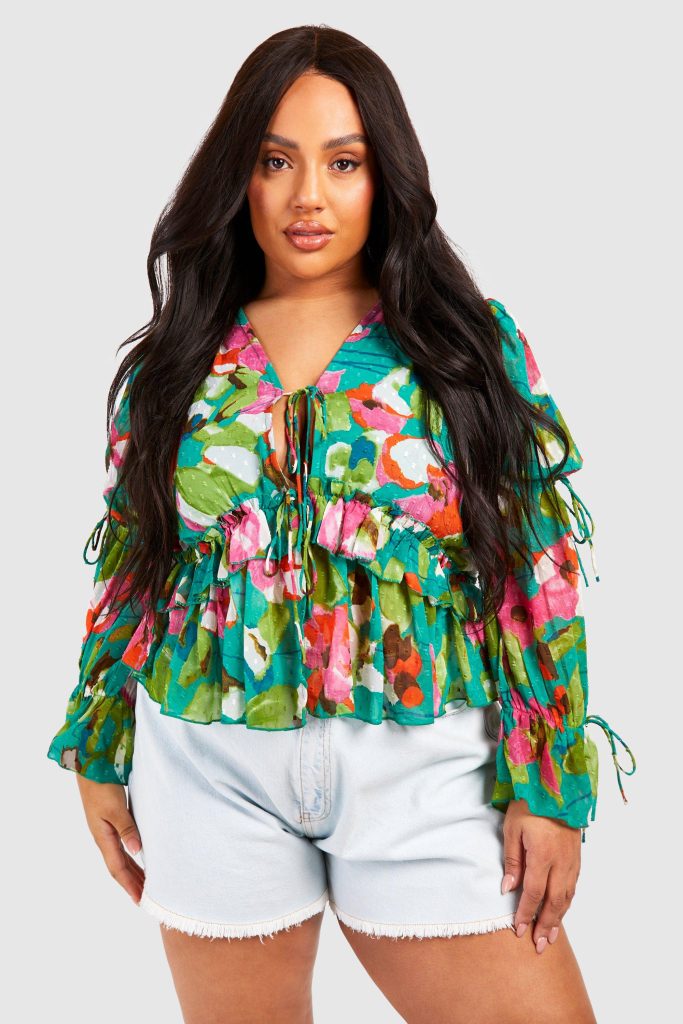 Plus Dobby Mesh Bloemen Blouse Met Ruches En Lange Mouwen