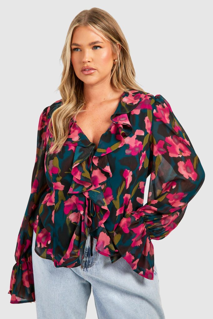 Plus Bloemenprint Boho Top Met Ruches En Strik