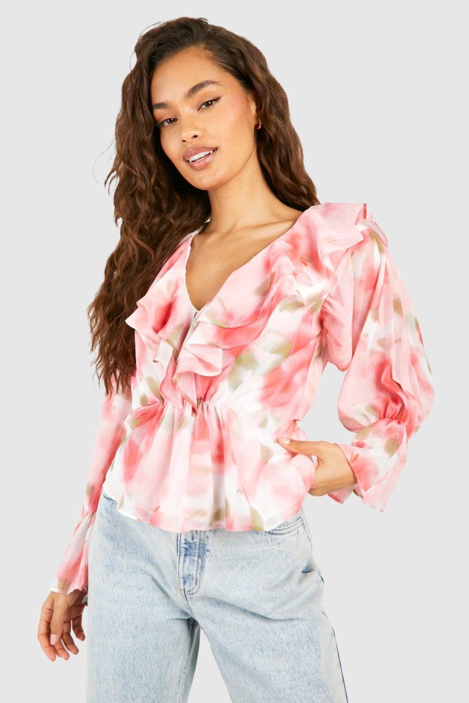 Chiffon Bloemen Blouse Met Ruches