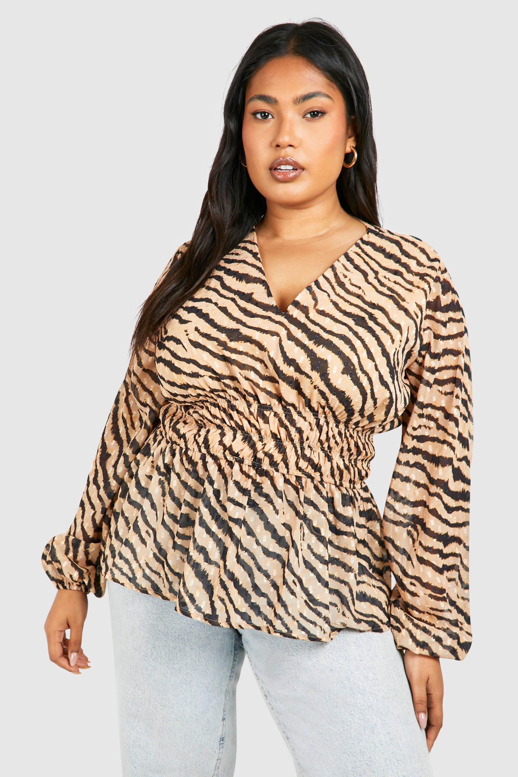 Plus Zebraprint Blouse Met Strik En Ruches