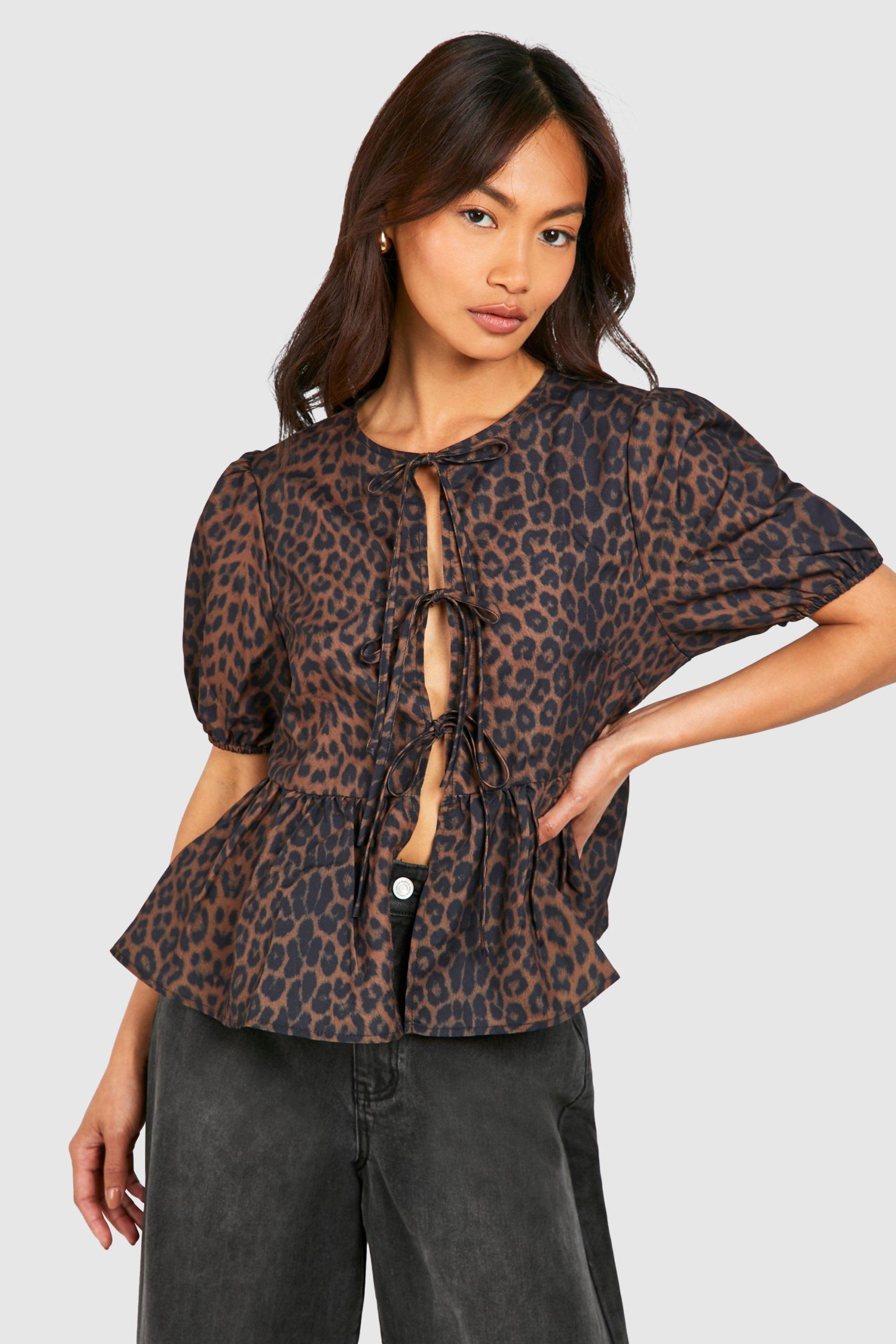 Luipaardprint Top Met Pofmouwen En Strik