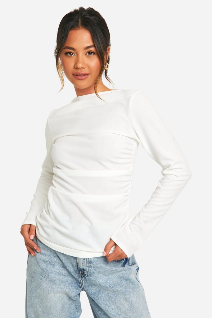 Crêpe Blouse Met Boothals En Geplooide Taille