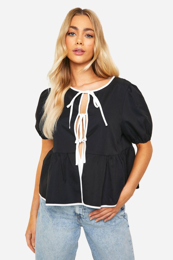 Contrasterende Poplin Top Met Pofmouwen En Strik