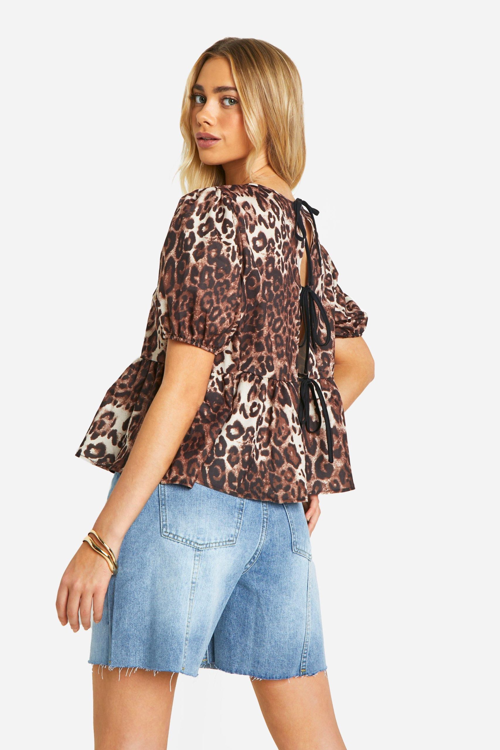 Luipaardprint Blouse Met Pofmouwen En Rug Strik