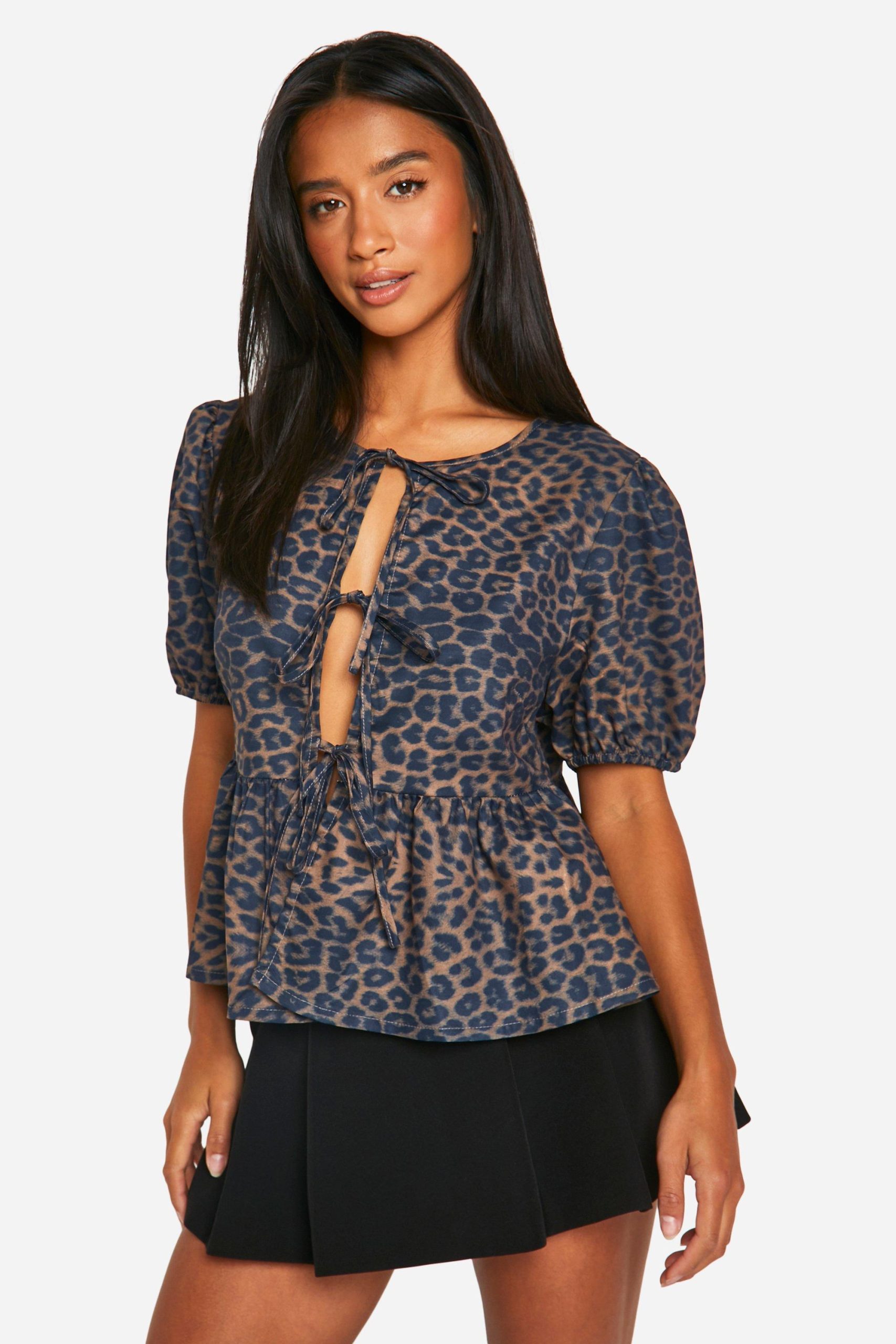 Petite Luipaardprint Blouse Met Strik